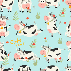 Seamless pattern with cute Cows character in various positions