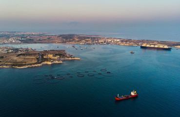 Malta Freeport and tuna farm. Malta country. Mediterranean sea