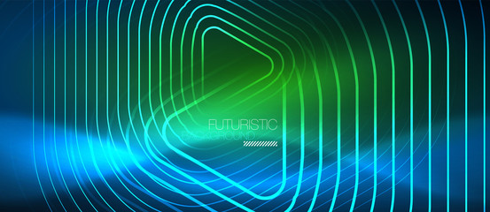 Neon glowing techno lines, hi-tech futuristic abstract background template with geometric shapes