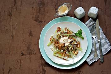 Hearty salad with fresh green radish, boiled beef, crispy fried onions and eggs. Served with mayonnaise. Top view.