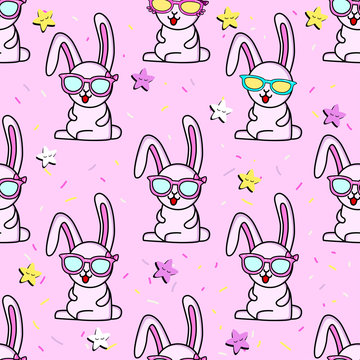 Cute kids rabbit pattern for girls and boys. Colorful rabbit, stars with glasses on the abstract bright background. The rabbit pattern is made in colors. Urban stars pattern for textile and fabric