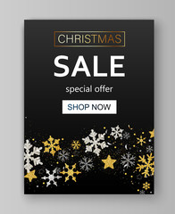 Christmas sale promo poster with shiny snowflakes. Special offer.