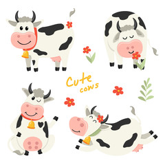 Set of cute Cows character in various positions