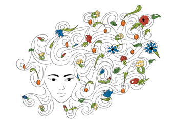 portrait of a young woman with long curly hair with flowers growing