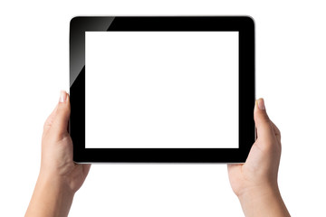 Hand holding blank screen tablet pc on white background