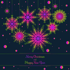 Christmas and New Year card with ufo green, plastic pink and  proton purple colors. Card in 2019 years colors. Vibrant and happy card. Vector illustration.  