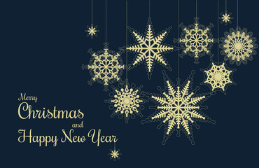 Christmas and New Year Card. Gold snowflake on dark background. Simple but elegant. Vector illustration, Eps 10.