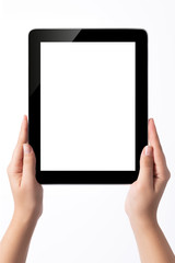 Hand holding blank screen tablet pc on white background