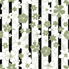 Vector seamless repeat floral and vertical striped pattern design. Perfect for fabric, wallpaper, stationery and scrapbooking projects and other crafts and digital work