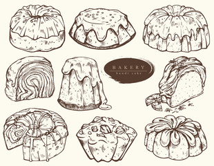 Sweet bakery - bundt cake. Hand drawn. Vintage style.