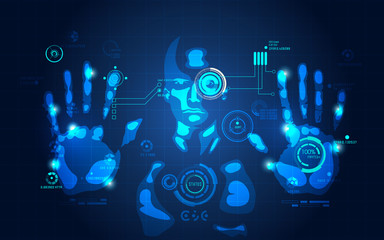 man using futuristic interface, vector of handprint scan