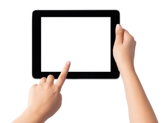 Hand holding blank screen tablet pc on white background