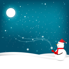 Christmas background with snowman standing on snow land with beautiful full moon and snow are falling 