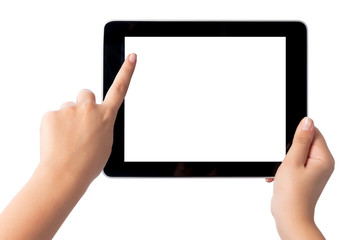 Hand holding blank screen tablet pc on white background