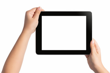Hand holding blank screen tablet pc on white background