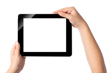 Hand holding blank screen tablet pc on white background