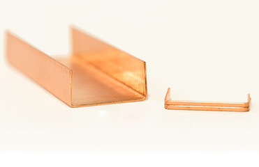 Metal staples of copper for stapler, in insulation with white background. Close up. Macro. selective focus