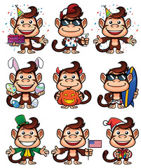 Set of cartoon monkey mascots or avatars for different holidays, isolated on white background. 