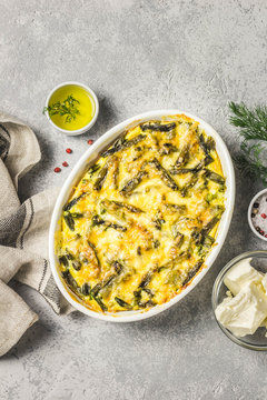 Creamy Green Bean Casserole In A Baking Dish. Top View, Space For Text.