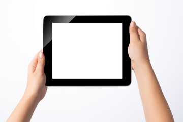 Hand holding blank screen tablet pc on white background