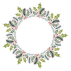 Christmas Wreath with Round Frame for Cards Design Vector Layout with Copyspace Can be use for Decorative Kit, Invitations, Greeting Cards, Blogs, Posters, Merry Christmas and Happy New Year.