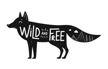 Vector illustration with cute black fox and lettering quote - Wild and Free. Doodle mountains and pine trees. Inspirational typography poster with animal