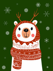 Polar Bear Scarf Cartoon with Christmas Festival and Snow Winter Vector.