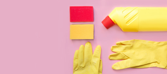 Cleaning tools. cleaning equipment in yellow and red colors.Top view with copy space