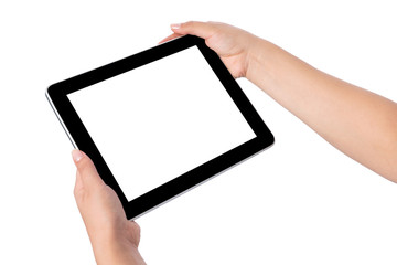 Hand holding blank screen tablet pc on white background