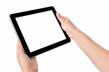 Hand holding blank screen tablet pc on white background
