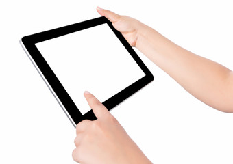 Obraz na płótnie Canvas Hand holding blank screen tablet pc on white background