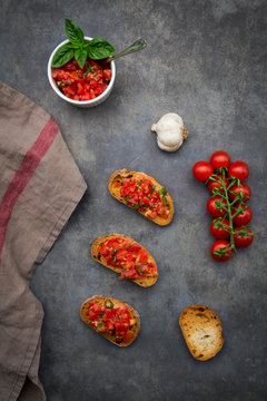 Bruschetta with tomato, basil, garlic and white bread