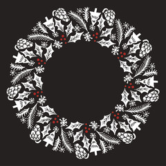 Christmas Wreath with Round Frame for Cards Design Vector Layout with Copyspace Can be use for Decorative Kit, Invitations, Greeting Cards, Blogs, Posters, Merry Christmas and Happy New Year.