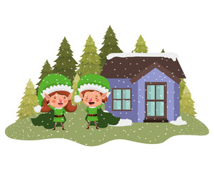 house with pine trees falling snow and couple of elves