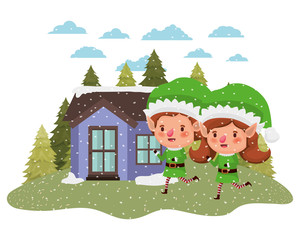 house with pine trees falling snow and couple of elves