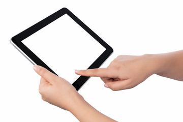 Hand holding blank screen tablet pc on white background