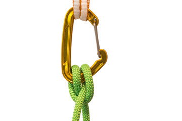 A carabiner with a climbing rope and sling on white background. Mountaineering and climber safety...