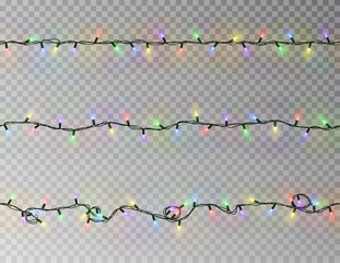 Christmas lights string seamless vector. Transparent color effect decoration isolated. Realistic Chr - 236450823