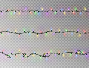 Christmas lights string seamless vector. Transparent color effect decoration isolated. Realistic Chr - 236450856