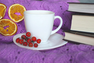 cup of tea and cookies on wooden table