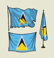 Flag of Saint lucia on the wind and on the wall illustration set