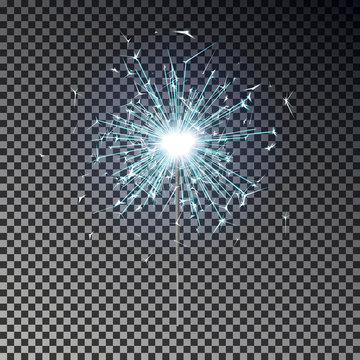 Blue bengal fire. New year sparkler candle isolated on transparent background. Realistic vector ligh