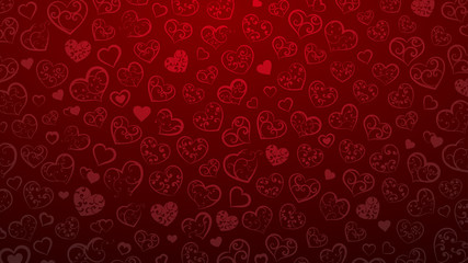 Background of small hearts with ornament of curls, in red colors