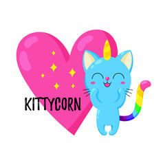 Funny vector cartoon illustration. Kitten Unicorn. Magic doodle cat. Template for print, design