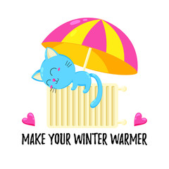 Vector cartoon doodle kitten sleeping on a battery under the umbrella. Template for print, design