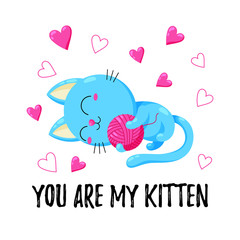 Cute vector greeting card with cat. Template for St. Valentine s Day. Enamored kitten. Template for design, print.