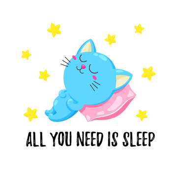 Cute cartoon illustration with a sleeping kitten. Vector doodle card. Funny sleeping cat. Template for print, advertising, design.