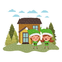 Obraz na płótnie Canvas house with pine trees falling snow and couple of elves