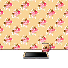 3d illustration rendering of flowered pattern wallpaper with tablet and mug on desktop