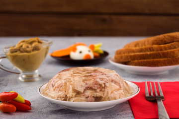 Jelly on a plate. Mustard Sauce Sliced bread. Hot pepper. Copy space.